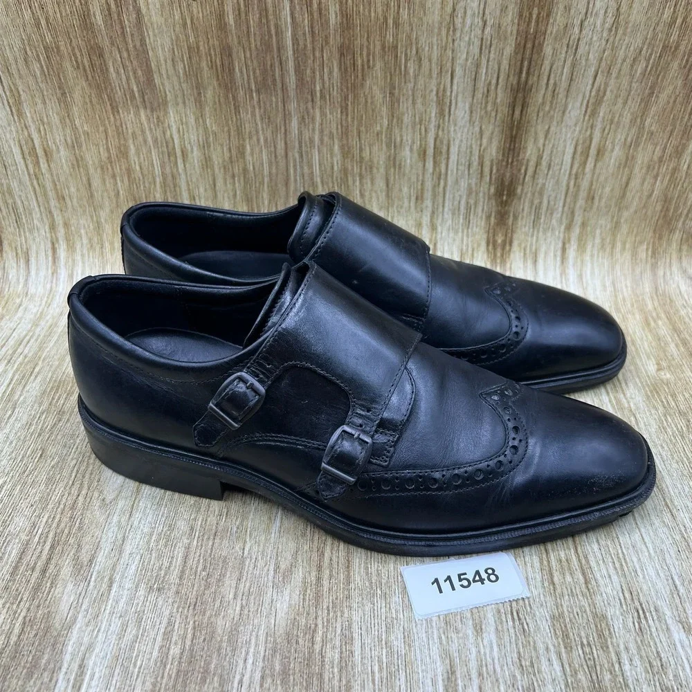 ECCO Double Monk Strap Shoes Men's 8.5 Black Leather Wingtip Brogue Shock Point